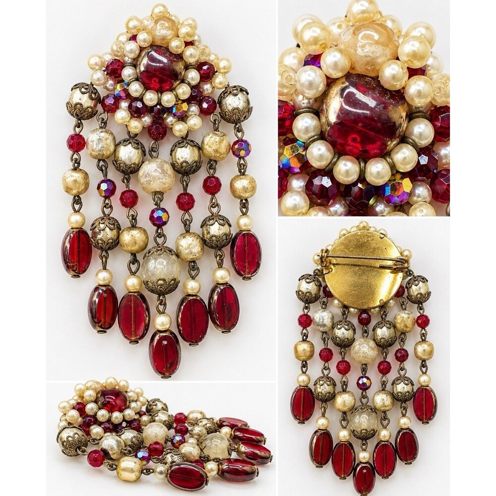 1950s Vintage Statement Brooch Ruby Red Glass AB Beads Pearl Dangle Cascade